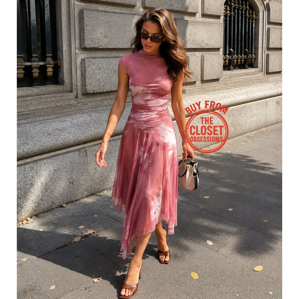 Zara NWT Pink Ruched Tulle Asymmetrical Midi Dress M - Picture 4 of 16